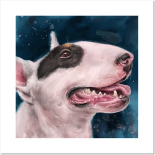 Painting of a Bull Terrier With Black Spot on Eye and Tongue Out on Dark Blue Background Posters and Art